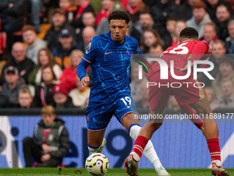 Jadon Sancho of Chelsea is in action with Liverpool's Trent Alexander-Arnold during the Premier League match between Liverpool and Chelsea a...