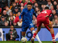 Jadon Sancho of Chelsea is in action with Liverpool's Trent Alexander-Arnold during the Premier League match between Liverpool and Chelsea a...