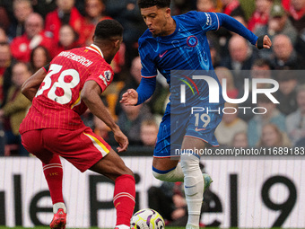 Jadon Sancho of Chelsea is in action with Liverpool's Ryan Gravenberch during the Premier League match between Liverpool and Chelsea at Anfi...