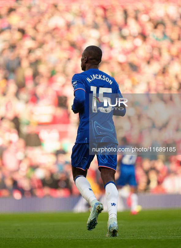 Nicolas Jackson of Chelsea plays during the Premier League match between Liverpool and Chelsea at Anfield in Liverpool, England, on October...