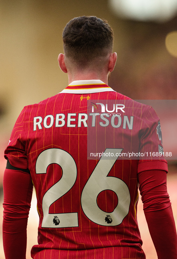 Liverpool's Andrew Robertson participates in the Premier League match between Liverpool and Chelsea at Anfield in Liverpool, England, on Oct...