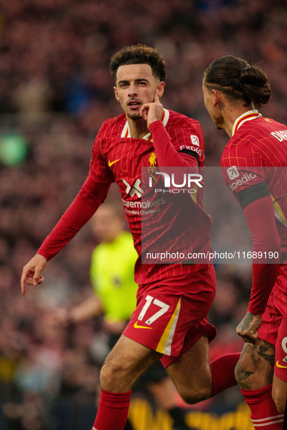 Liverpool's Curtis Jones celebrates after scoring their second goal during the Premier League match between Liverpool and Chelsea at Anfield...