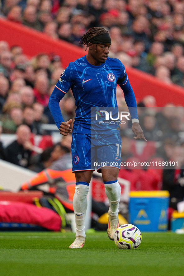 Noni Madueke of Chelsea participates in the Premier League match between Liverpool and Chelsea at Anfield in Liverpool, England, on October...