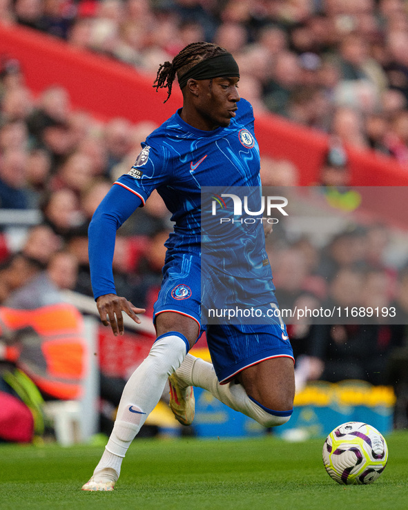 Noni Madueke of Chelsea participates in the Premier League match between Liverpool and Chelsea at Anfield in Liverpool, England, on October...