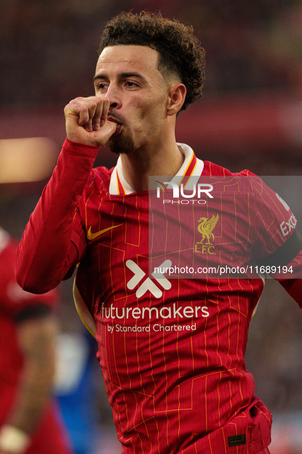 Liverpool's Curtis Jones celebrates after scoring their second goal during the Premier League match between Liverpool and Chelsea at Anfield...