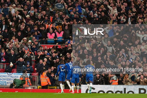 Nicolas Jackson of Chelsea celebrates after scoring their first goal during the Premier League match between Liverpool and Chelsea at Anfiel...