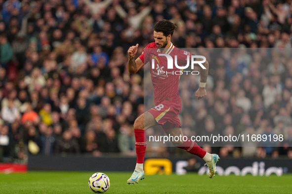 Liverpool's Cody Gakpo participates in the Premier League match between Liverpool and Chelsea at Anfield in Liverpool, England, on October 2...