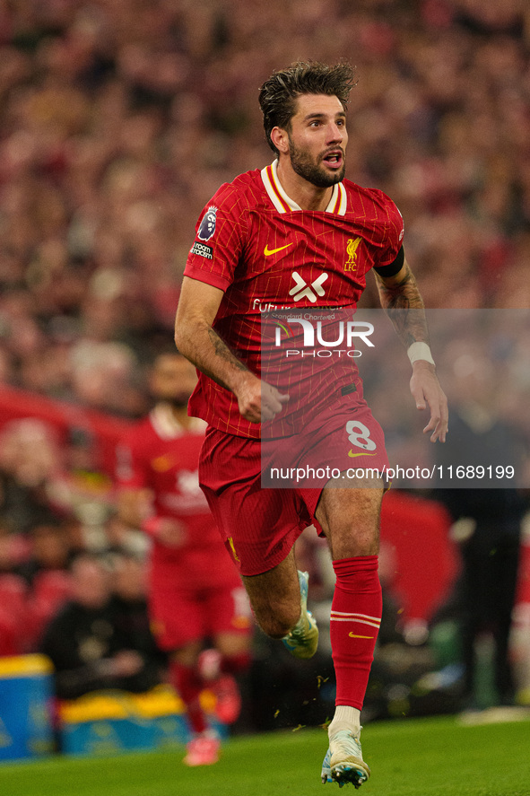 Dominik Szoboszlai plays during the Premier League match between Liverpool and Chelsea at Anfield in Liverpool, England, on October 20, 2024...