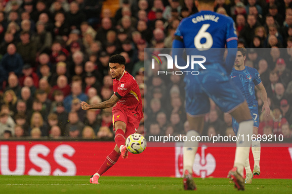 Luis Diaz of Liverpool is in action during the Premier League match between Liverpool and Chelsea at Anfield in Liverpool, England, on Octob...