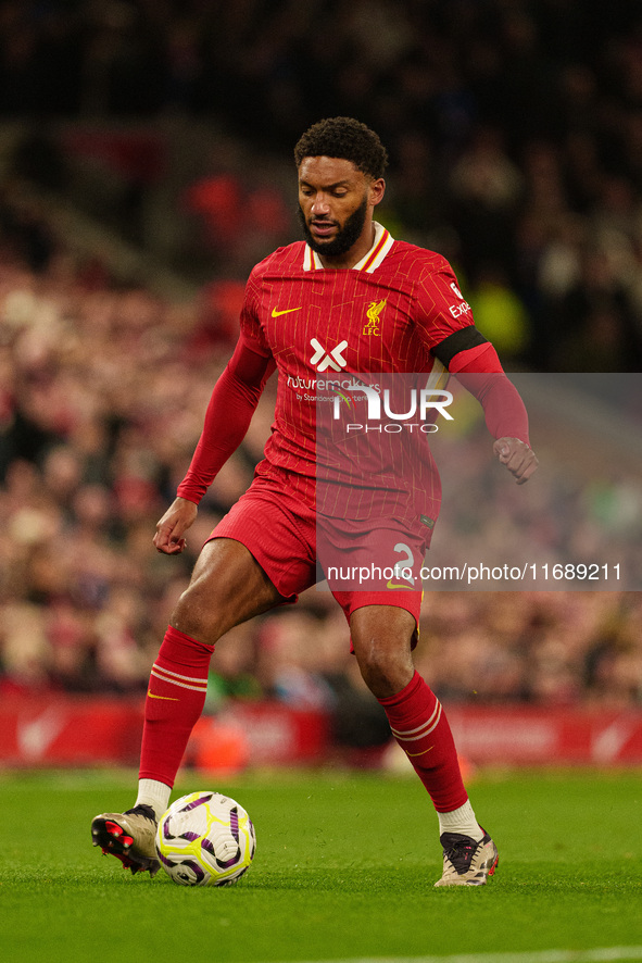 Liverpool's Joe Gomez is in action during the Premier League match between Liverpool and Chelsea at Anfield in Liverpool, England, on Octobe...