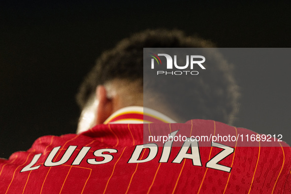 Luis Diaz plays during the Premier League match between Liverpool and Chelsea at Anfield in Liverpool, England, on October 20, 2024. 