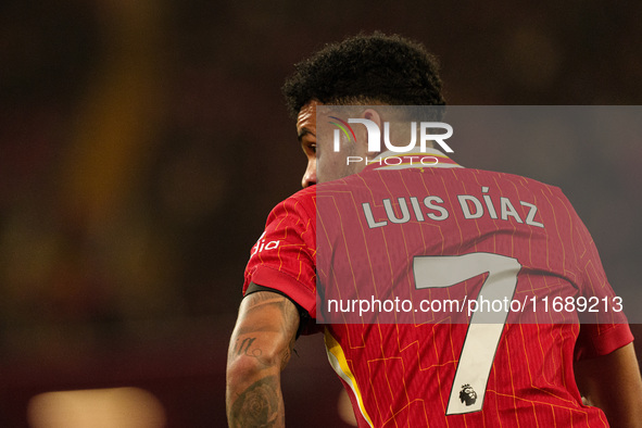 Luis Diaz plays during the Premier League match between Liverpool and Chelsea at Anfield in Liverpool, England, on October 20, 2024. 