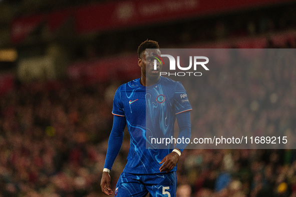 Chelsea's Benoit Badiashile participates in the Premier League match between Liverpool and Chelsea at Anfield in Liverpool, England, on Octo...