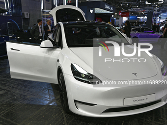 The American car Tesla Model Y is at the Paris Motor Show 2024 in Paris, France, on October 14, 2024. (