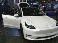 The American car Tesla Model Y is at the Paris Motor Show 2024 in Paris, France, on October 14, 2024. (