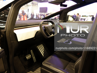 The dashboard of the American car Tesla Cybertruck is displayed at the Paris Motor Show 2024 in Paris, France, on October 14, 2024. (