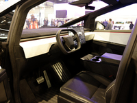 The dashboard of the American car Tesla Cybertruck is displayed at the Paris Motor Show 2024 in Paris, France, on October 14, 2024. (