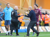 Manchester City's manager Pep Guardiola protests the referee's decision for VAR to check Stones' goal during the Premier League match betwee...