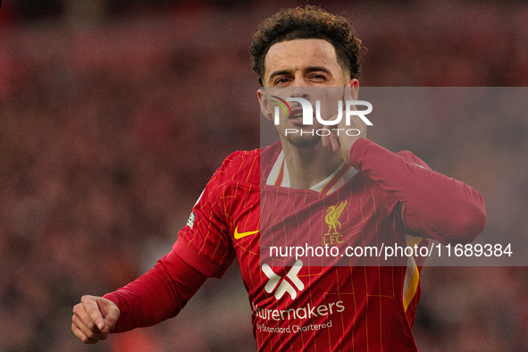 Liverpool's Curtis Jones celebrates after scoring their second goal during the Premier League match between Liverpool and Chelsea at Anfield...