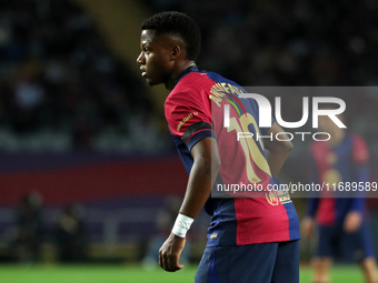 Ansu Fati plays during the match between FC Barcelona and Sevilla FC, corresponding to week 10 of LaLiga EA Sports, at the Lluis Companys St...