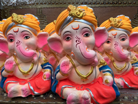 Small earthen idols of Lord Ganesh are displayed at a shop selling puja items in preparation for the festival of Diwali in Mississauga, Onta...