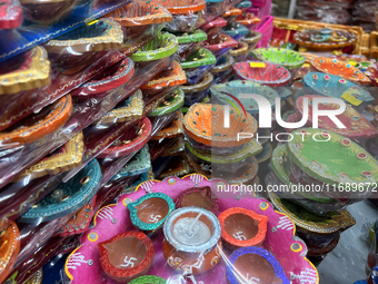 Colorful diyas (decorative earthen lamps) are at a shop selling puja items in preparation for the festival of Diwali in Mississauga, Ontario...