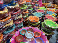 Colorful diyas (decorative earthen lamps) are at a shop selling puja items in preparation for the festival of Diwali in Mississauga, Ontario...