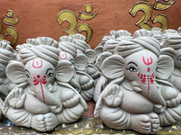 Small earthen idols of Lord Ganesh are displayed at a shop selling puja items in preparation for the festival of Diwali in Mississauga, Onta...