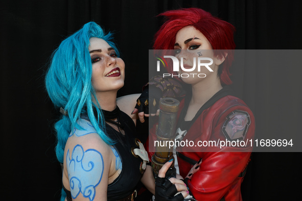 Cosplayers Stella and Lex from New York portray Jinx and Vi from Arcane for New York Comic Con at the Javits Center in New York City on Octo...