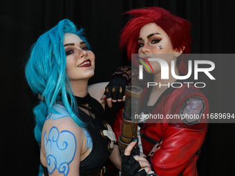 Cosplayers Stella and Lex from New York portray Jinx and Vi from Arcane for New York Comic Con at the Javits Center in New York City on Octo...