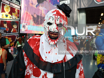 A cosplayer dresses as a killer clown for New York Comic Con at the Javits Center in New York City, on October 20, 2024. (