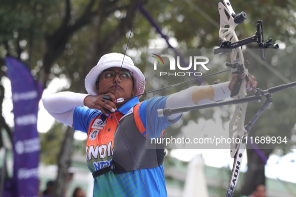 Deepika Kumari of India competes against Alejandra Valencia of Mexico (not in picture) during the women's recurve Semifinals match on the fi...