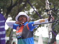 Deepika Kumari of India competes against Alejandra Valencia of Mexico (not in picture) during the women's recurve Semifinals match on the fi...