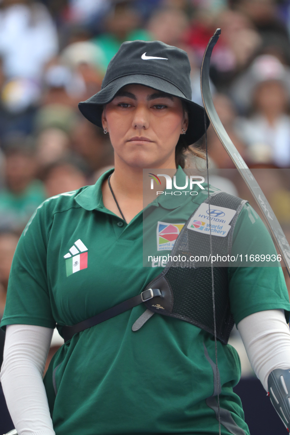 Alejandra Valencia of Mexico competes against Deepika Kumari of India (not in picture) during the women's recurve semifinals match on the fi...