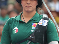 Alejandra Valencia of Mexico competes against Deepika Kumari of India (not in picture) during the women's recurve semifinals match on the fi...