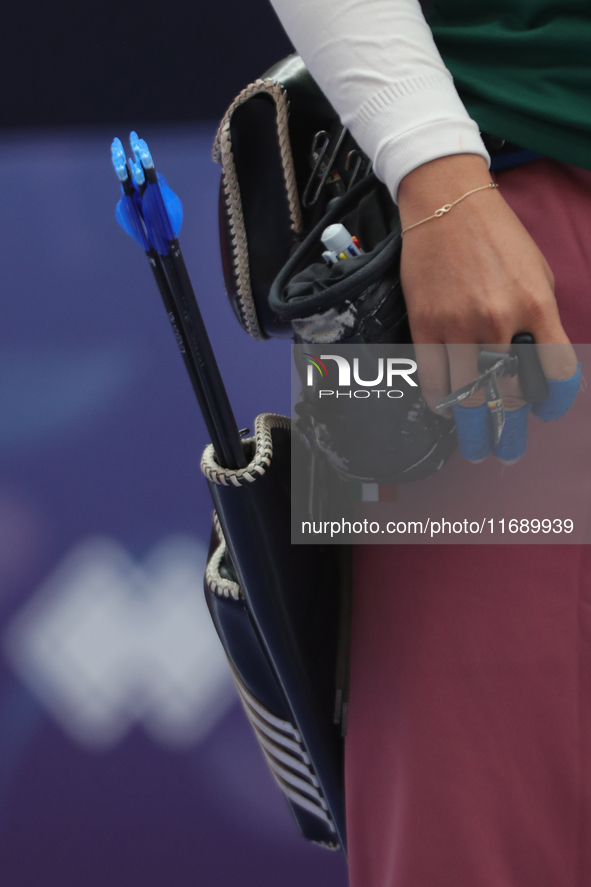 Alejandra Valencia of Mexico competes against Deepika Kumari of India (not in picture) during the women's recurve semifinals match on the fi...