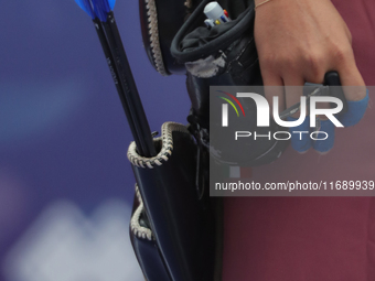 Alejandra Valencia of Mexico competes against Deepika Kumari of India (not in picture) during the women's recurve semifinals match on the fi...