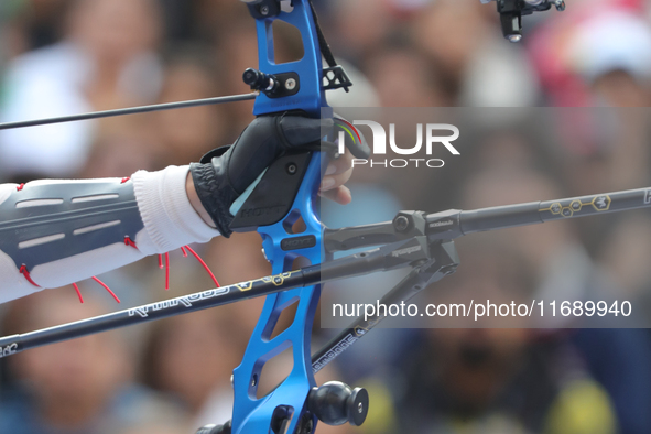 Alejandra Valencia of Mexico competes against Deepika Kumari of India (not in picture) during the women's recurve semifinals match on the fi...