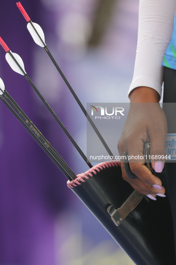 Deepika Kumari of India competes against Alejandra Valencia of Mexico (not in picture) during the women's recurve Semifinals match on the fi...