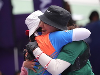 Deepika Kumari of India and Alejandra Valencia of Mexico compete during the women's recurve semifinals match on the final day of the Tlaxcal...