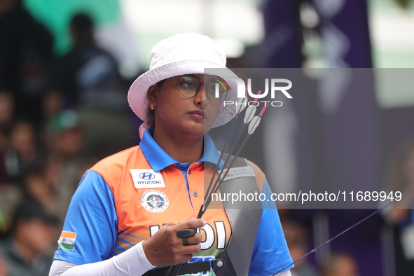 Deepika Kumari of India competes against Alejandra Valencia of Mexico (not in picture) during the women's recurve Semifinals match on the fi...