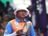 Deepika Kumari of India competes against Alejandra Valencia of Mexico (not in picture) during the women's recurve Semifinals match on the fi...