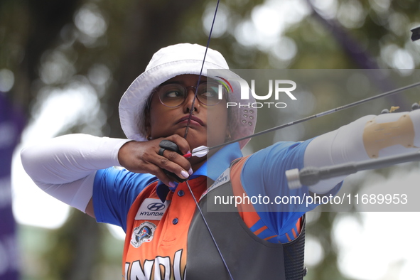 Deepika Kumari of India competes against Alejandra Valencia of Mexico (not in picture) during the women's recurve Semifinals match on the fi...