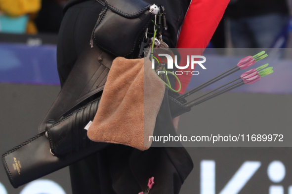 Li Jiaman of China competes against Jeon Hunyoung of Korea (not in picture) during the women's recurve semifinals match on the final day of...