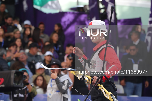 Li Jiaman of China competes against Jeon Hunyoung of Korea (not in picture) during the women's recurve semifinals match on the final day of...