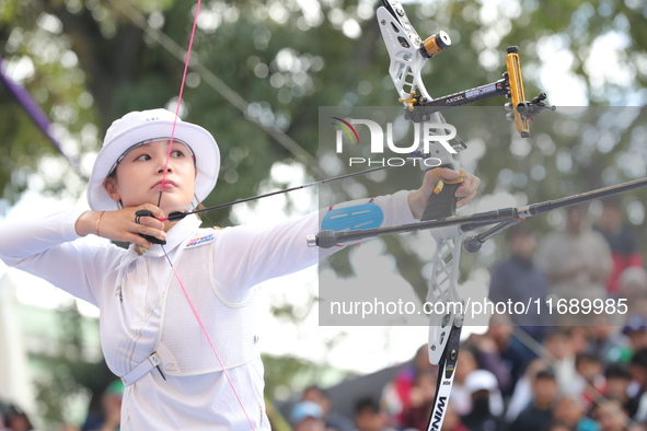 Jeon Hunyoung of Korea competes against Alejandra Valencia of Mexico (not in picture) during the women's recurve 3rd place match on the fina...