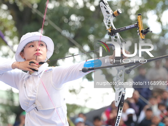 Jeon Hunyoung of Korea competes against Alejandra Valencia of Mexico (not in picture) during the women's recurve 3rd place match on the fina...