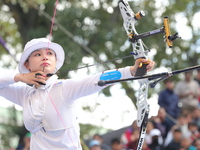 Jeon Hunyoung of Korea competes against Alejandra Valencia of Mexico (not in picture) during the women's recurve 3rd place match on the fina...