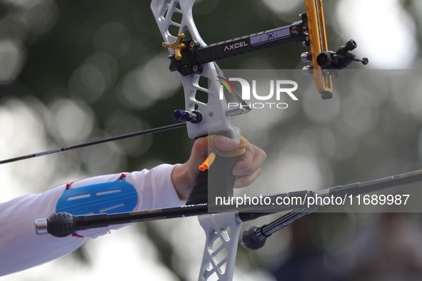 Jeon Hunyoung of Korea competes against Alejandra Valencia of Mexico (not in picture) during the women's recurve 3rd place match on the fina...