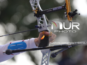 Jeon Hunyoung of Korea competes against Alejandra Valencia of Mexico (not in picture) during the women's recurve 3rd place match on the fina...